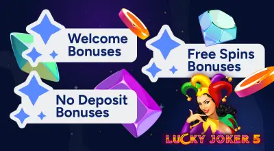 Infographic shows different casino bonus with Lucky Joker 5 logo.
