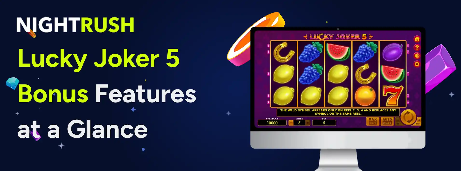 Laptop showing Lucky Joker 5 gameplay and text on a blue background.