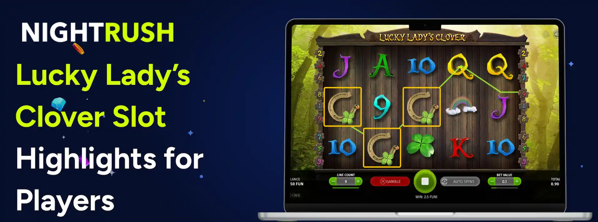 A banner features a laptop displaying the Lucky Lady's Clover slot game with a winning payline highlighted.