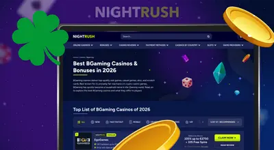 A laptop screen shows a curated top list of BGaming online casinos and bonuses available.