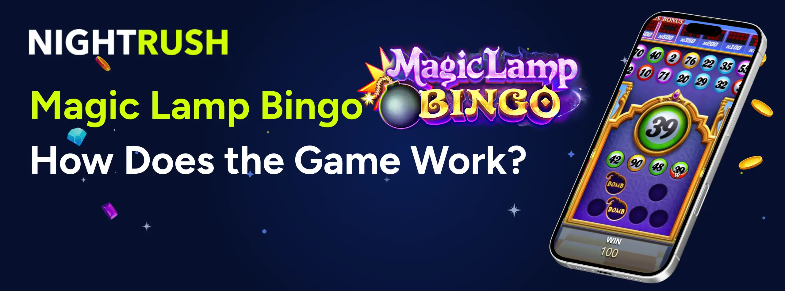 Smartphone showing Magic Lamp Bingo mobile gameplay with a wild symbol and falling coins.