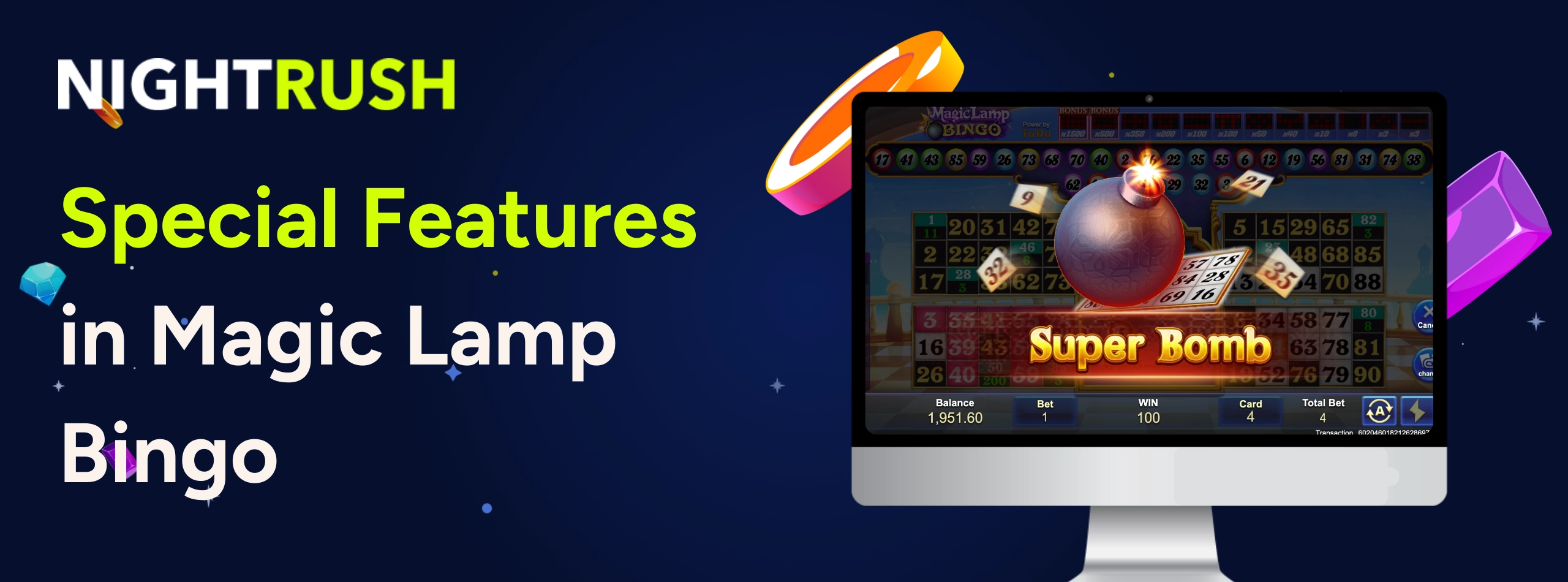 Laptop showing Magic Lamp Bingo Super Bomb feature and a 100-point win notification.