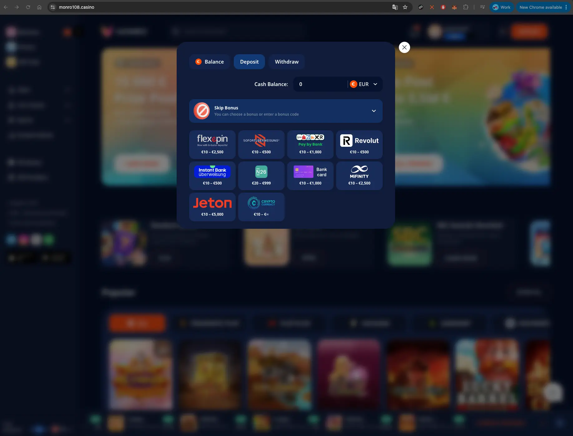 Monro Casino Deposit Methods