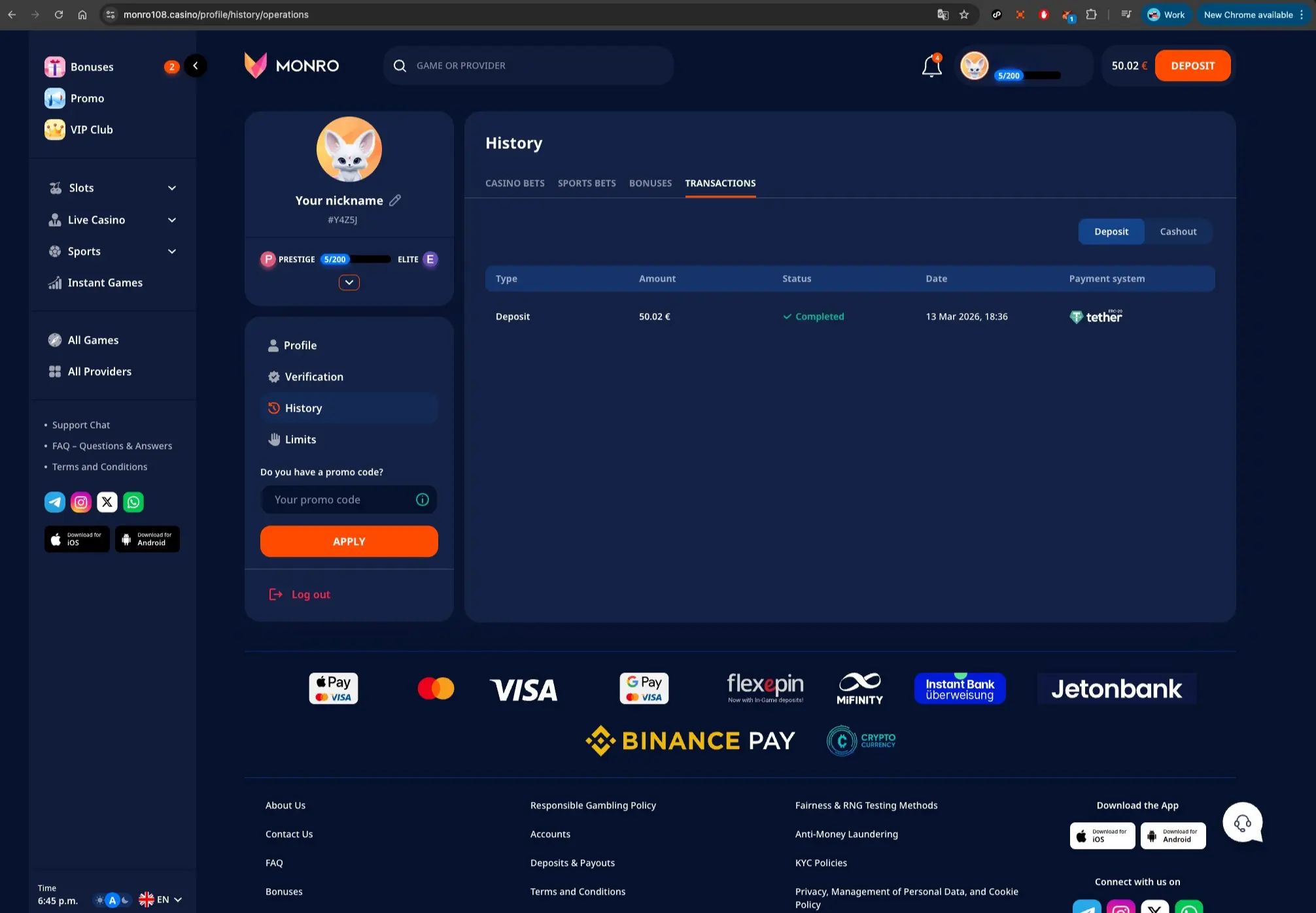 Monro Casino Payment History