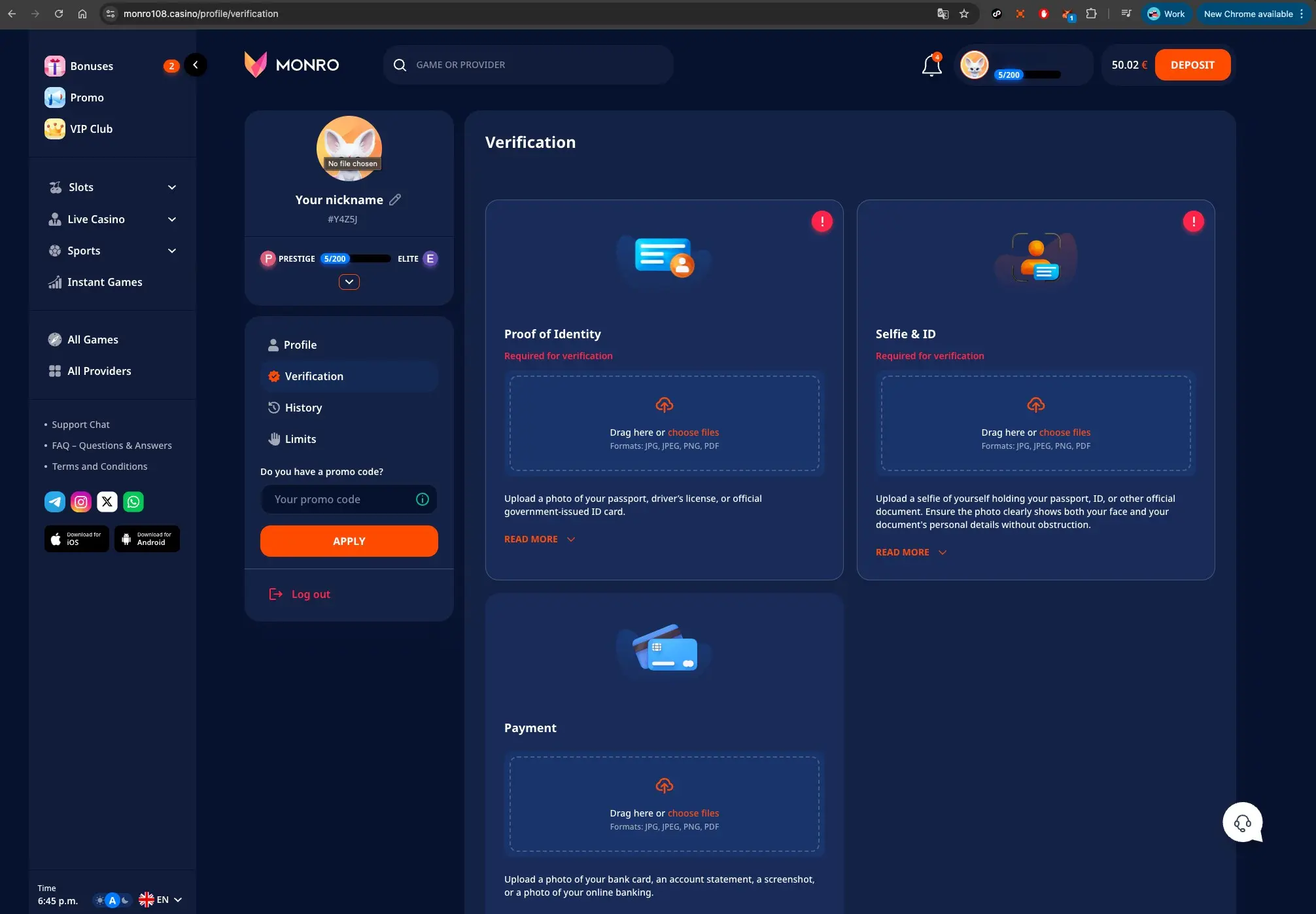 Monro Casino Verification