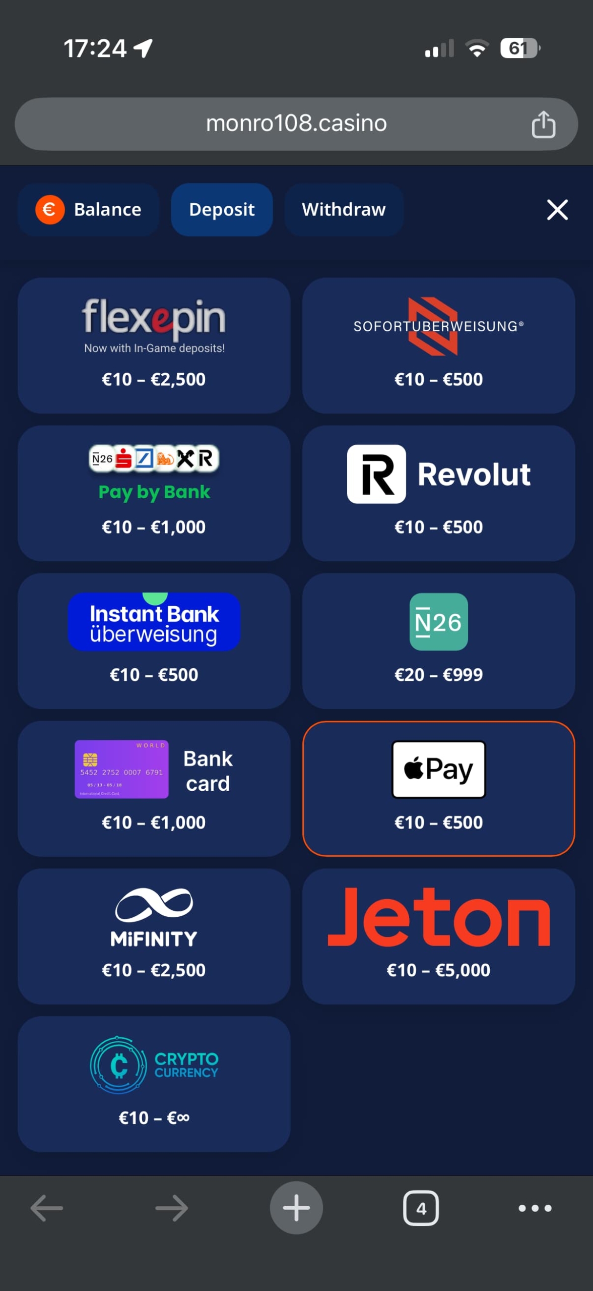 Monro Casino Mobile Deposit Methods