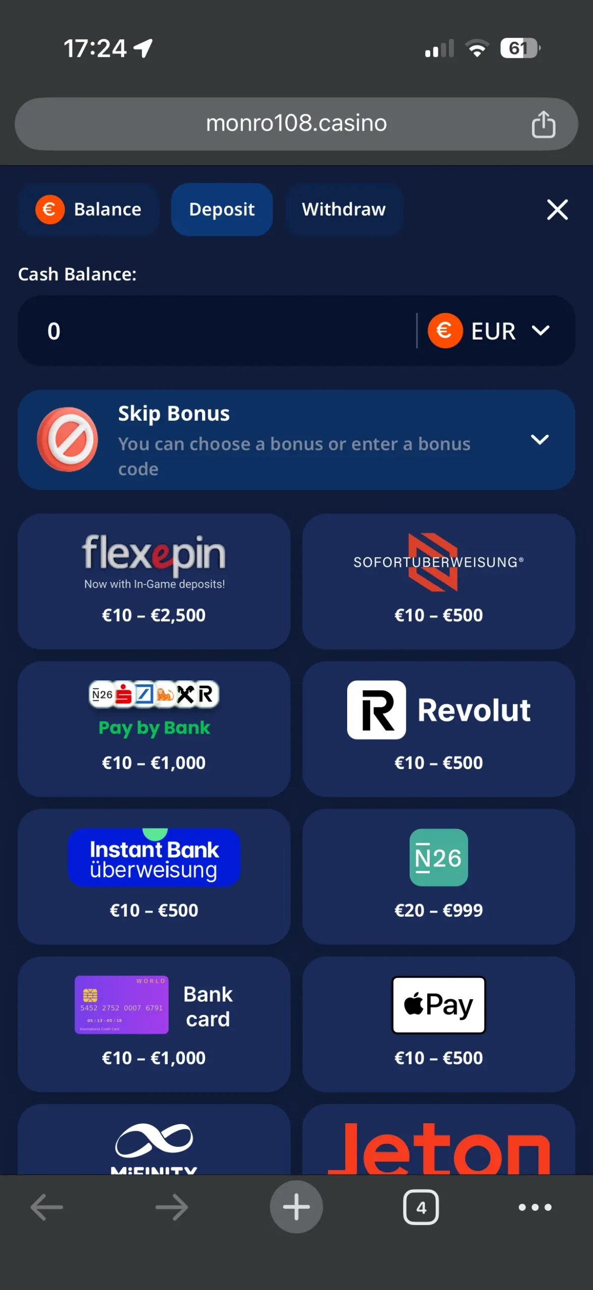 Monro Casino Mobile Deposit Methods