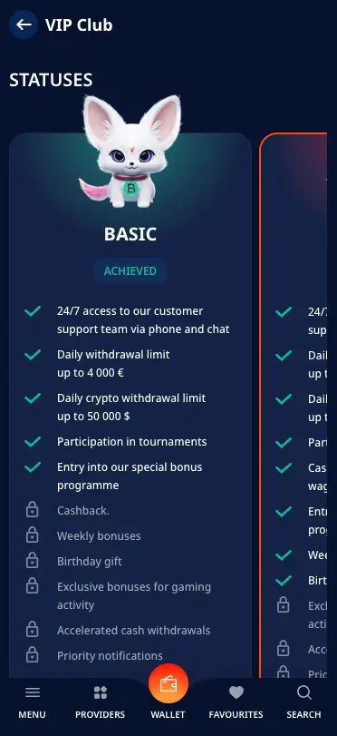 Monro Casino Mobile VIP Statuses