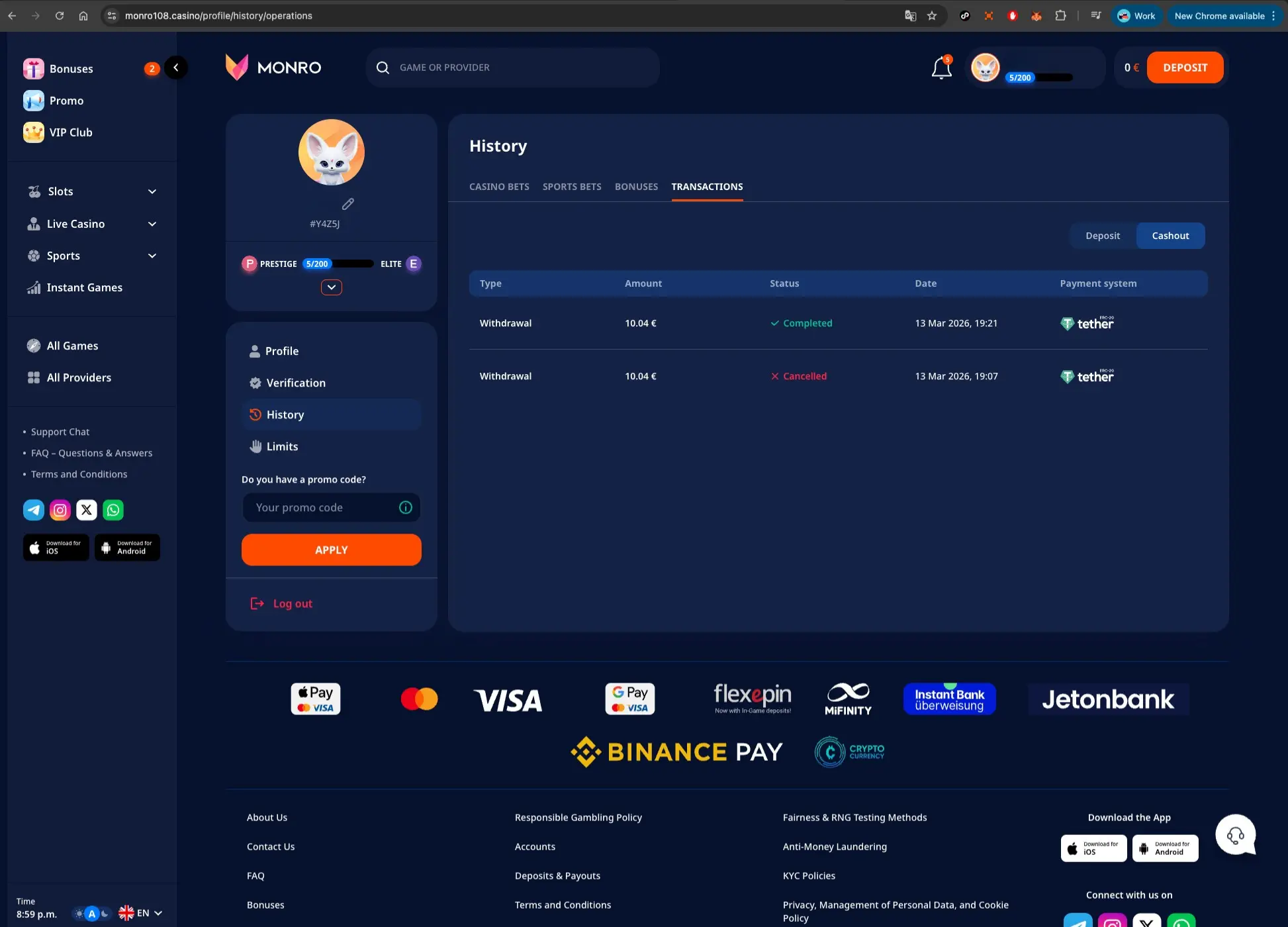 Monro Casino Payment History