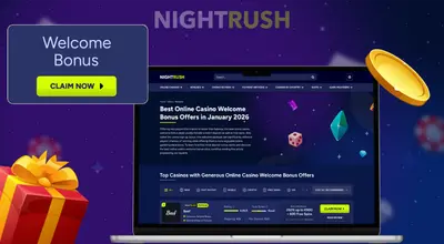 Laptop screen showing a Best Online Casino Welcome Bonus Offers in January 2026 webpage.