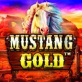 Mustang Gold logo displaying two wild horses in front of a canyon at sunset.