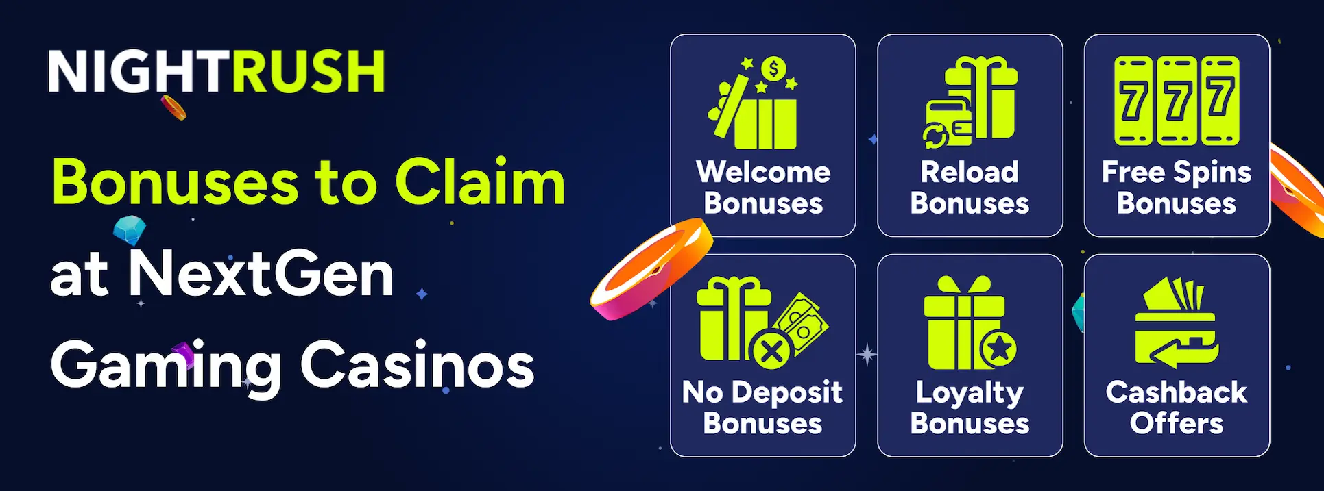 Nightrush banner with six neon-yellow icons representing casino bonuses like Welcome and Free Spins.