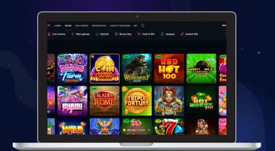 A computer screen shows many casino game thumbnails: slots, poker, roulette, and live dealer.
