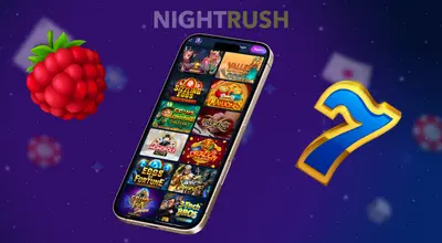 A laptop screen shows a wide selection of colourful online casino game thumbnails in the lobby.