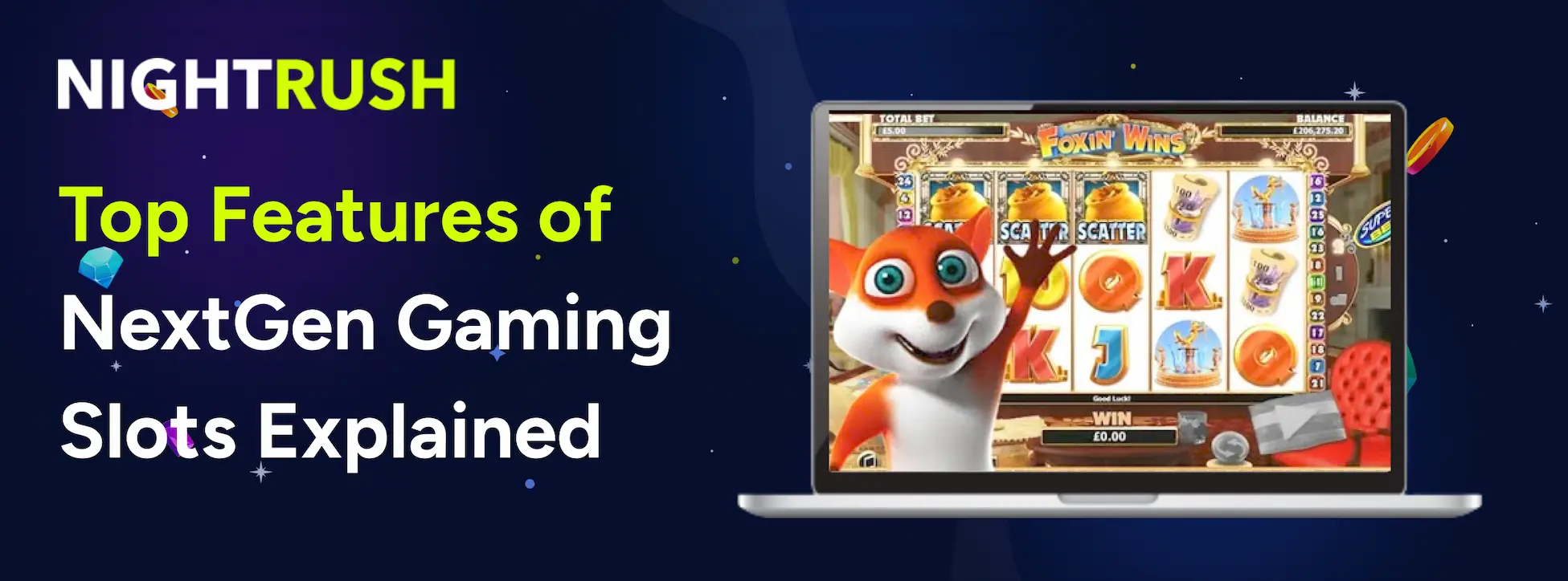 Nightrush banner with a laptop showing the Foxin' Wins NextGen Gaming slot machine.