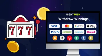 A white slot machine with three 7s is next to a screen showing payment methods.