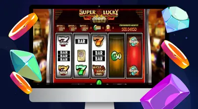 Laptop shows Super Lucky Reels gameplay.
