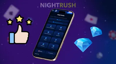 Smartphone displaying a casino Help Centre menu with a thumbs-up and three stars graphic.