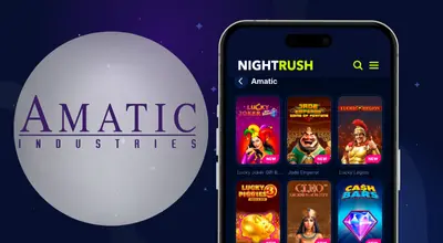 Smartphone showing Amatic casino games next to the Amatic Industries logo.