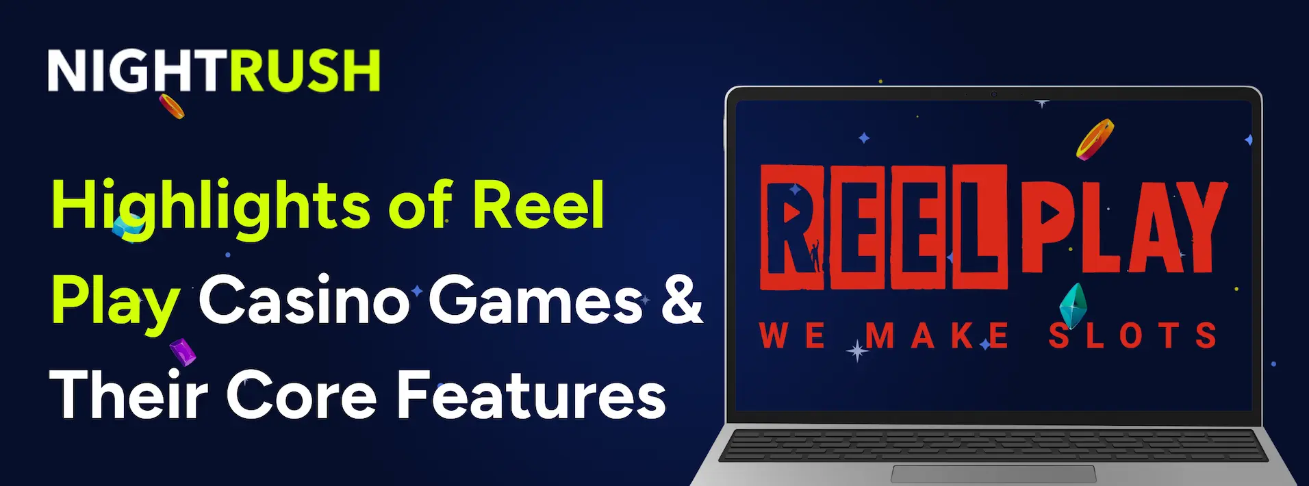 Laptop showing ReelPlay logo, text on blue background.