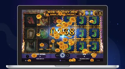 Laptop shows Book Of Lucky Jack Baba Yaga Tales Slot gameplay.