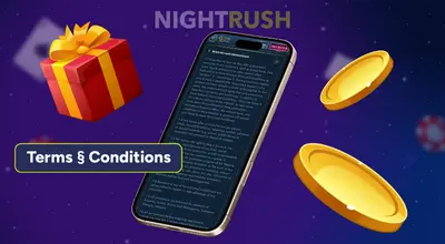 A smartphone screen shows bonus terms and conditions, next to a gift box and gold coins.