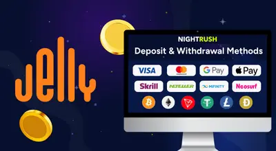 Deposit and withdrawal methods on a screen and the Jelly logo with gold on a starry background.