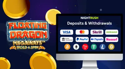 Laptop shows payment methods & Floating Dragon Megaways logo.