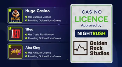 Infographic showing popular casinos, Golden Rock Studios logo, approved badge.