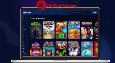 Laptop displaying a selection of Big Time Gaming slot games like Bonanza and Golden Goose.