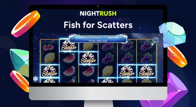 Laptop shows Fruits On Ice Slot gameplay with title of Fish for Scatter.