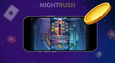 Heist Stakes gameplay on a phone with a coin against a purple background.