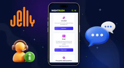 Customer service items and the Jelly Entertainment logo on a starry background.