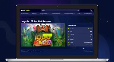 Laptop shows Nightrush website, Jogo De Bicho Review.