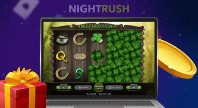 A laptop screen shows the Lucky Lady Clover slot game mid-spin with several reels.
