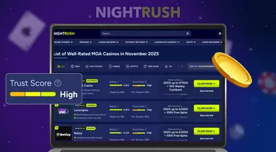 A computer screen shows a list of well-rated MGA casinos with a Trust Score: High bar.