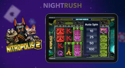 Netropolis 2 slot's auto spin on a tablet with its characters against a dark background.