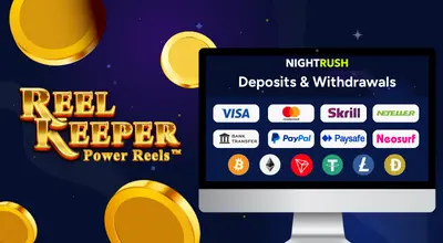 Laptop shows payment methods, the Reel Keeper Power Reels logo.