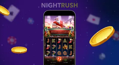 Santa's Gift Rush slot on a phone with three coins flying against a dark background.