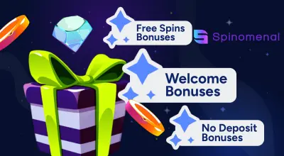 Infographic showing popular casino bonuses, a gift package, Spinomenal logo.