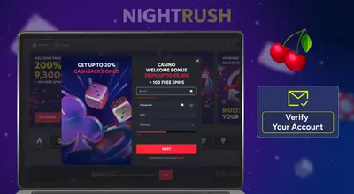 Laptop showing a registration window for a 200% casino welcome bonus and a Verify Your Account box.