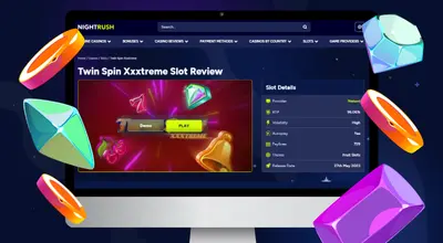 Laptop shows Nightrush website Twin Spin Xxxtreme Slot Review page.