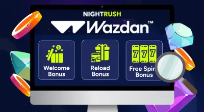 Laptop showing popular bonuses, Wazdan logo.