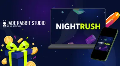 Phone and laptop with Nightrush, a gift box and JAde Rabbit logo against a starry background.