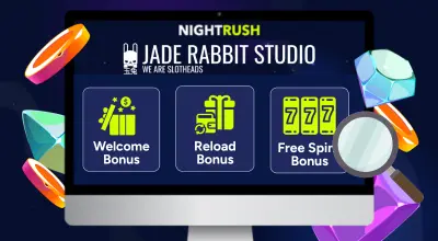 Casino bonuses and the Jade Rabbit logo on a screen with casino items against a starry background.