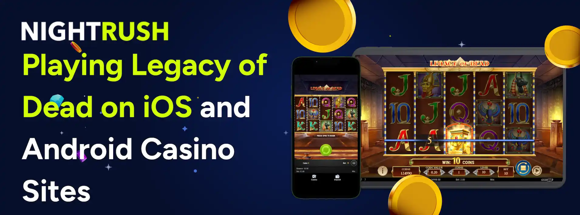 Playing Legacy of Dead on iOS and Android Casino Sites with the slot on a laptop against a dark banner.