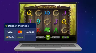 A laptop screen shows the Lucky Lady's Clover slot game by BGaming with a deposit methods overlay.