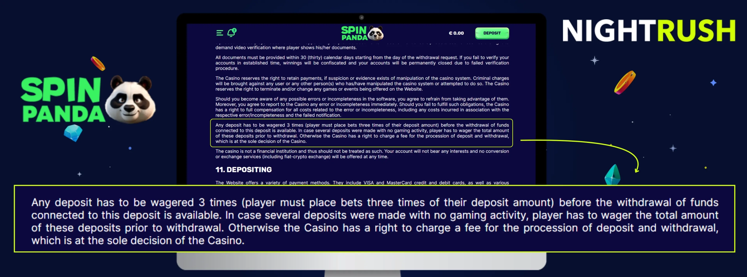 SpinPanda's terms about its 3x wagering on a screen with logos against a blue background.