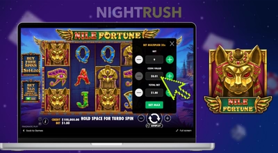Nile Fortune slot's bet size on a laptop with a symbol against a starry background.