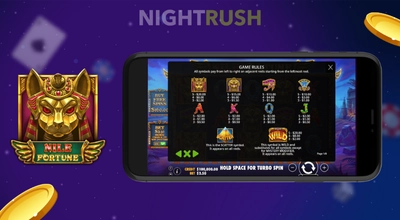 Nile Fortune slot's paytable on a phone with a symbol against a starry background.